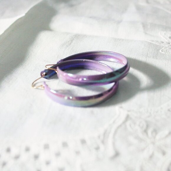 Violet Hoop Earrings, 80s Vintage Deadstock, Enamel Hoops - Picture 2 of 7